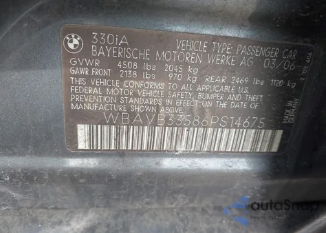 2006 BMW 330I from USA, damaged, VIN WBAVB33586PS14675